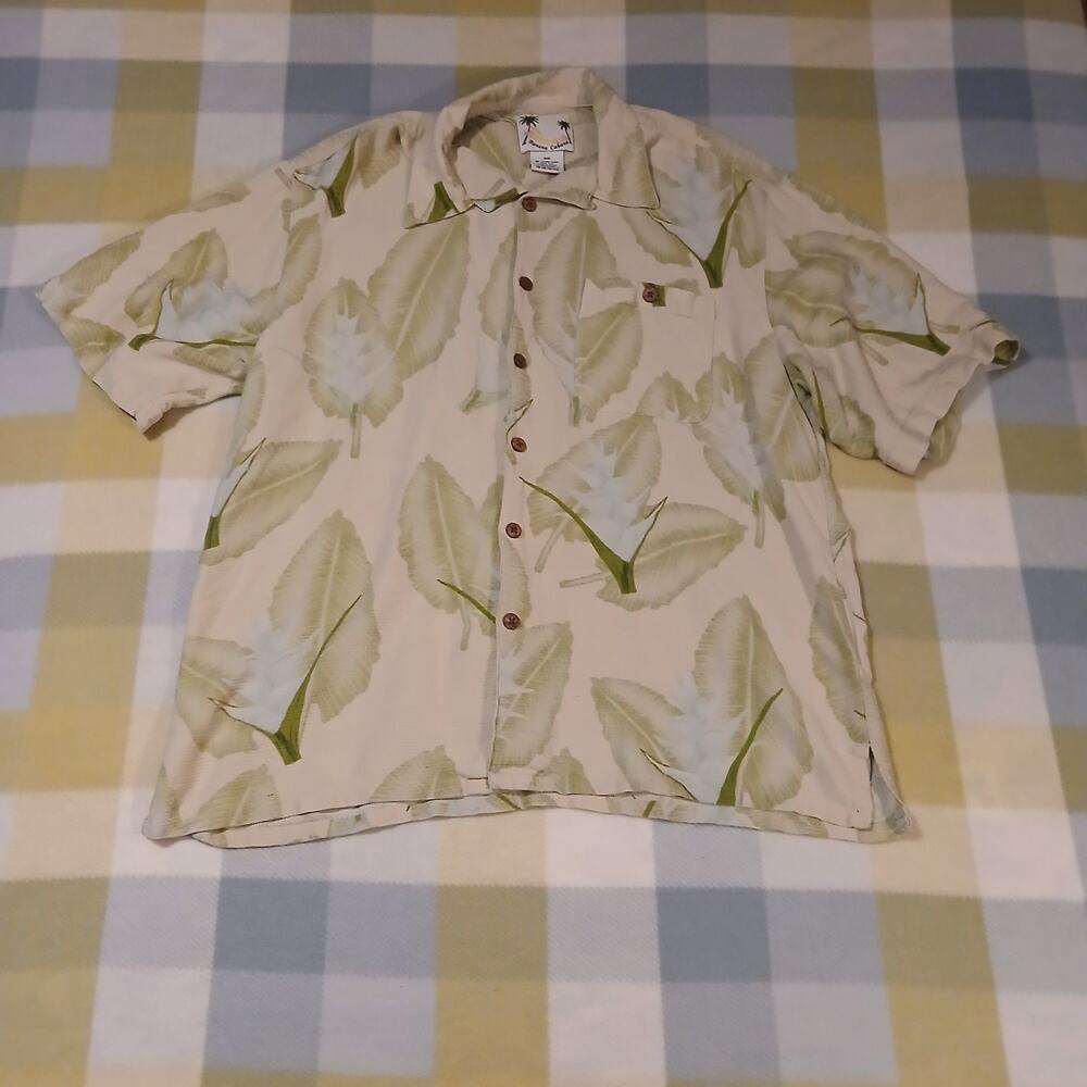 Banana Cabana Button Up Shirt Hawaiian 100% Silk Mens XL Cream/Green